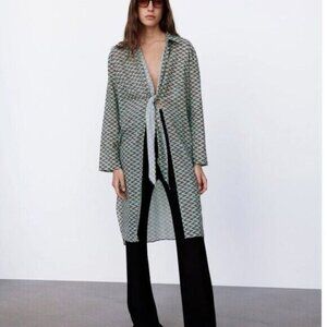 Zara Lissie Shirt Size XL Long Sleeve Tunic Swim‎ Coverup Duster Retro Geo Print